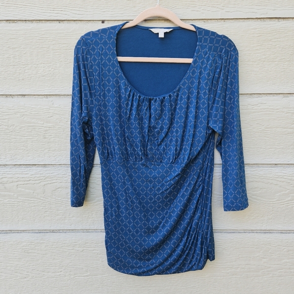 Banana Republic Factory Tops - Banana Republic teal 3/4 sleeve keyhole top with gray pattern LP petite large